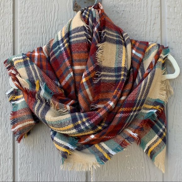 Vintage super soft checkered plaid neutral tone frayed hem blanket throw scarf - Picture 8 of 10